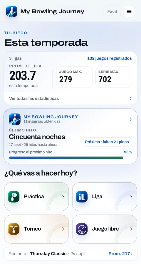 La pantalla de inicio: promedio de la temporada, juego y serie más altos, y el último logro