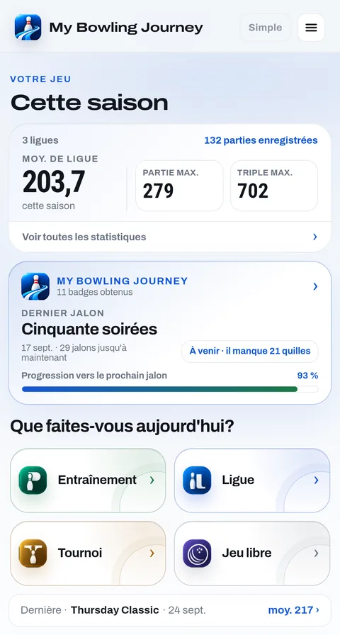 L'écran d'accueil : moyenne de la saison, meilleure partie et meilleur triple, et la dernière étape