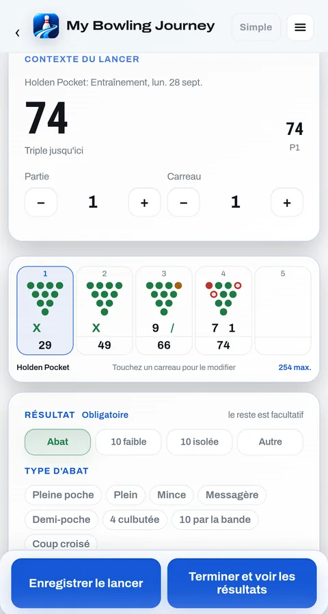 Pointage d'un carreau : la feuille avec les quilles restées debout et les boutons de résultat