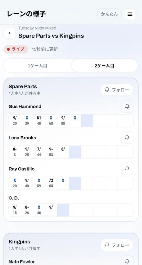 レーンの様子：リーグの試合をフレームごとにリアルタイムで表示
