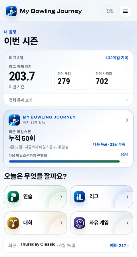 홈 화면: 시즌 에버리지, 하이 게임과 하이 시리즈, 최근 이정표