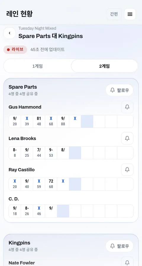 레인 현황: 리그 경기를 진행되는 대로 프레임별로 표시
